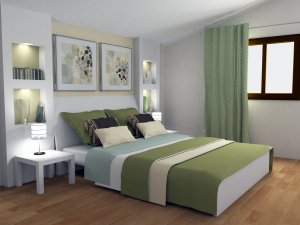 Pale green and neutral bedroom