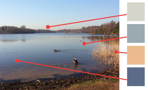 Color swatches on lake at Virginia Water, Surrey